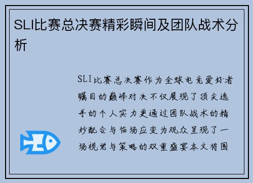 SLI比赛总决赛精彩瞬间及团队战术分析