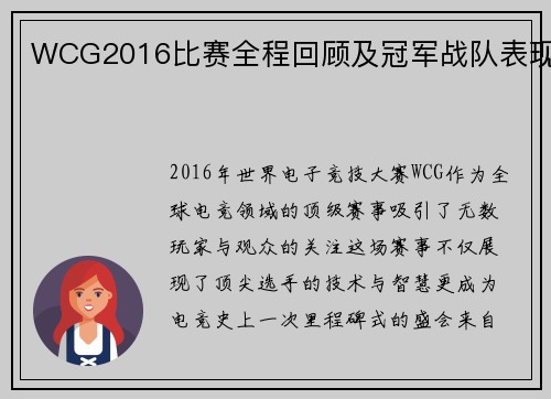 WCG2016比赛全程回顾及冠军战队表现