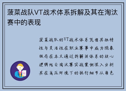 菠菜战队VT战术体系拆解及其在淘汰赛中的表现